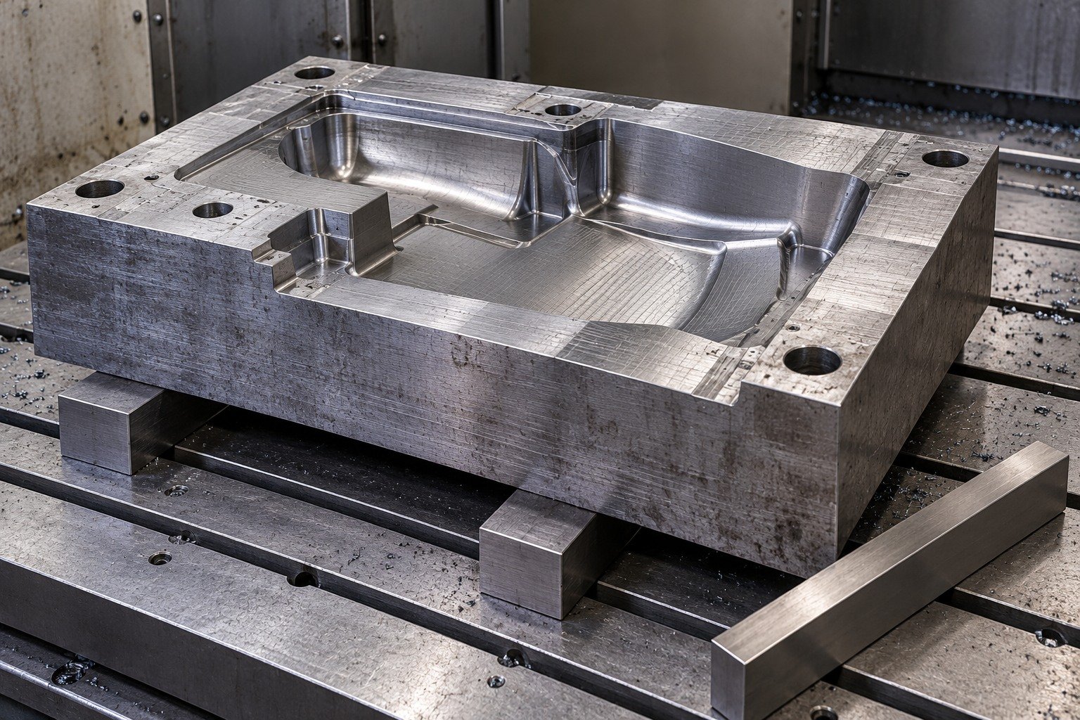 A rough-machined plastic-mold cavity block on parallels, broad fitting-stock bands and asymmetric shallow impression, separate straightedge nearby, no simulated heat distortion. — illustrative generated component concept