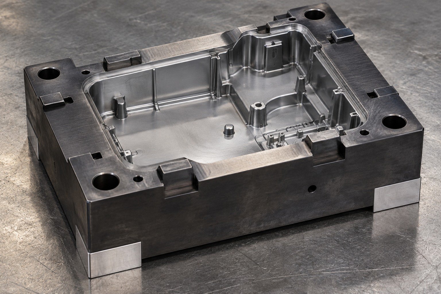 A plastic-mold insert with restrained grey working cavity, darker exterior protection and bright uncoated ground locating heel, plausible masking boundaries, no finish-performance claim. — illustrative generated component concept