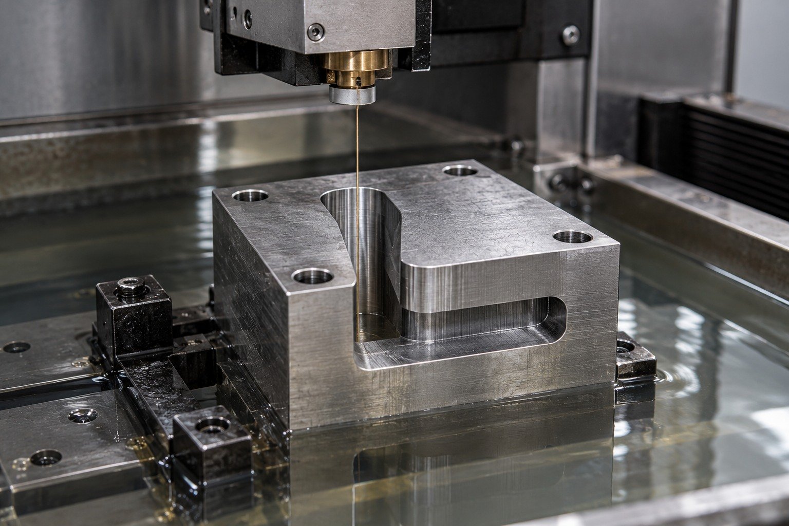 A rectangular mold insert with an open rounded L-shaped through-profile in a wire EDM machine, one hair-thin vertical wire through the cut and credible upper guide above dielectric, no milling spindle or sparks. — illustrative generated component concept