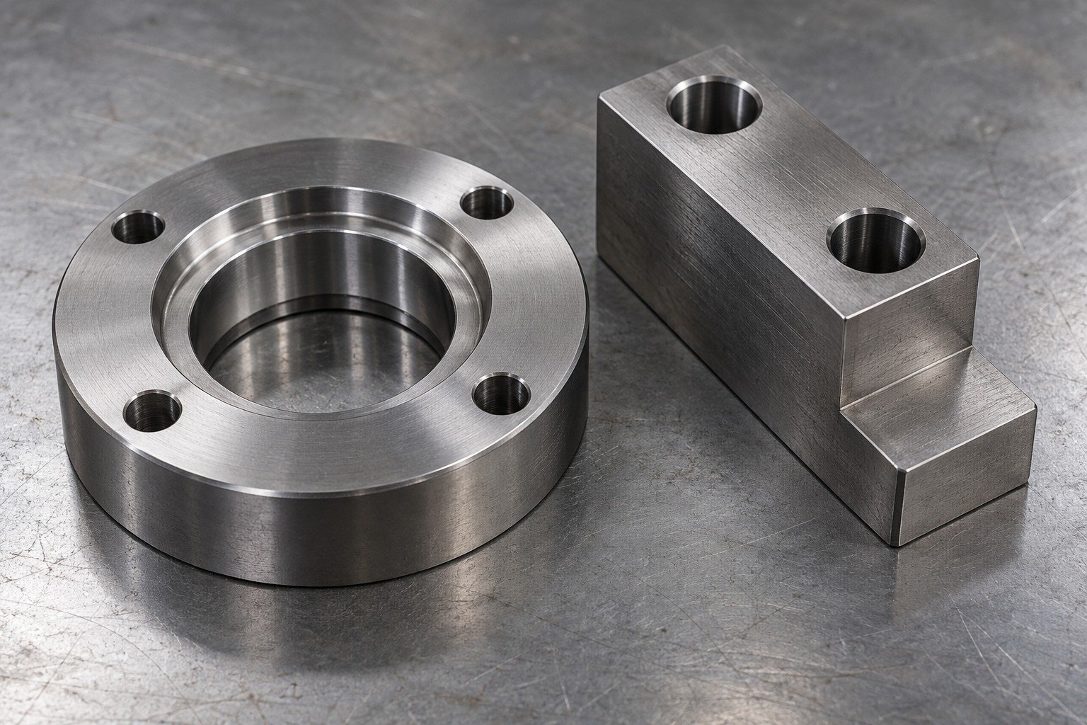 A round mold locating ring with stepped bore and four mounting holes beside a thick rectangular support block with two dowel bores and an asymmetric locating heel. — illustrative generated component concept
