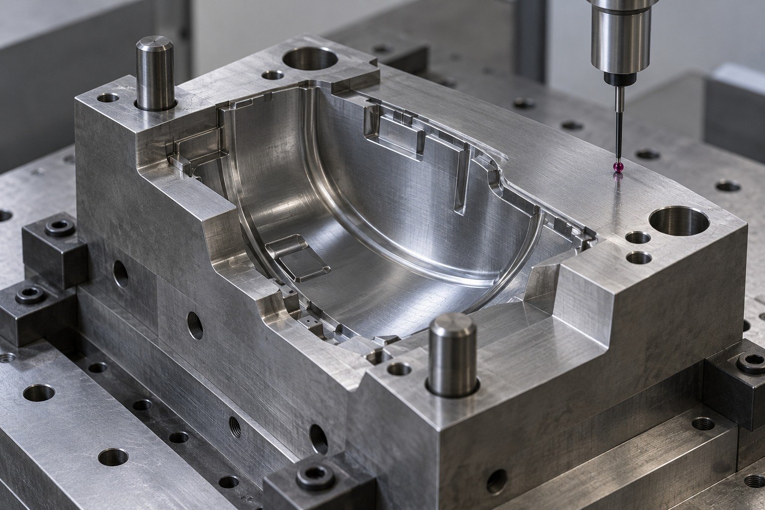 An asymmetric cavity insert with a curved shell impression and offset dowel bores in a metrology fixture, ruby probe contacting a broad parting face. — illustrative generated component concept
