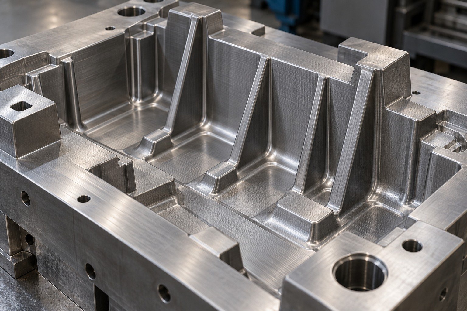 Close-up of a ribbed plastic-mold core with generous root radii, thick supported ribs and broad base, uniform fine machining texture, no thin fragile fins. — illustrative generated component concept