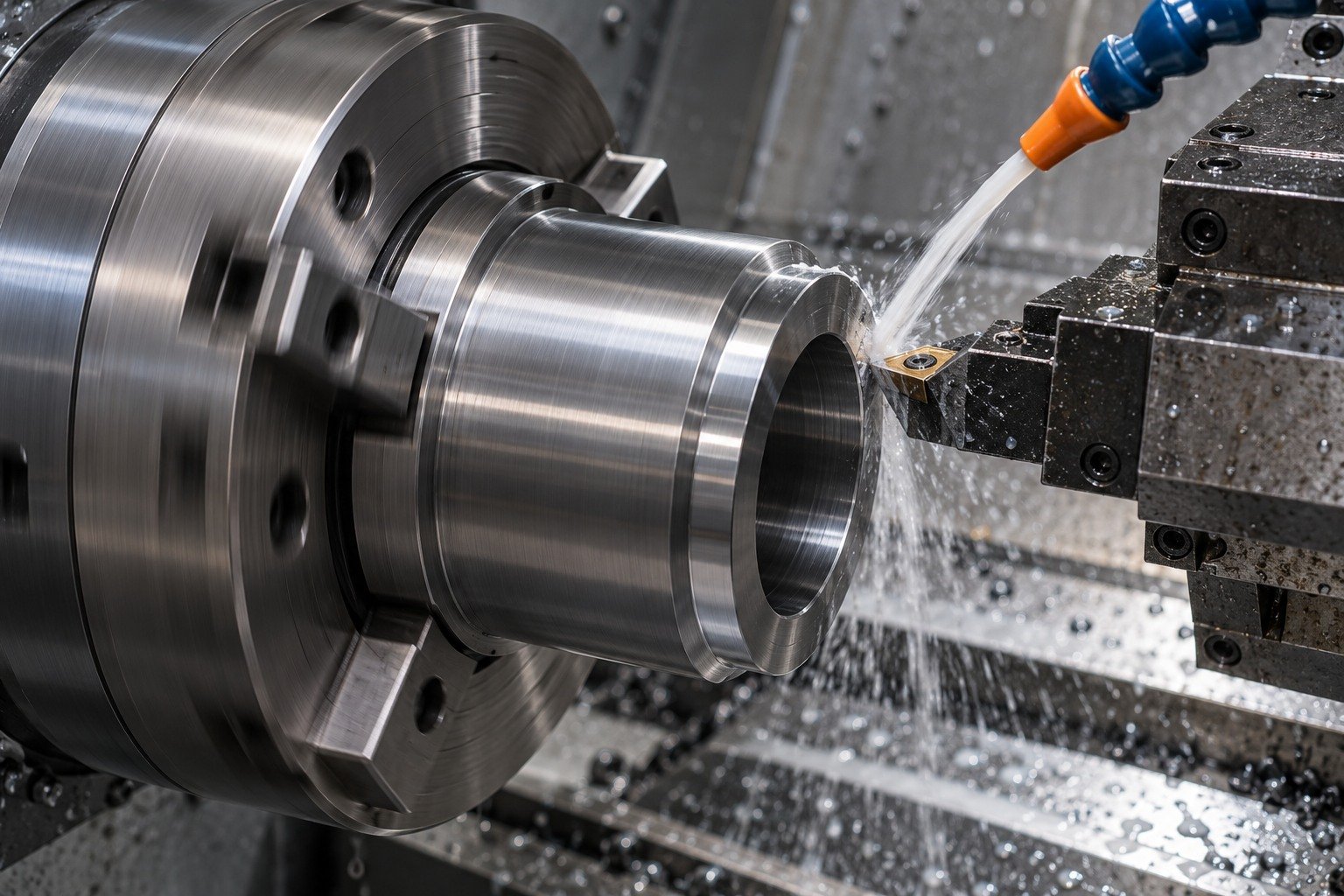 A short thick-walled mold support sleeve held in a collet lathe, insert tool finishing its locating shoulder with a visible cutting-fluid stream. — illustrative generated component concept