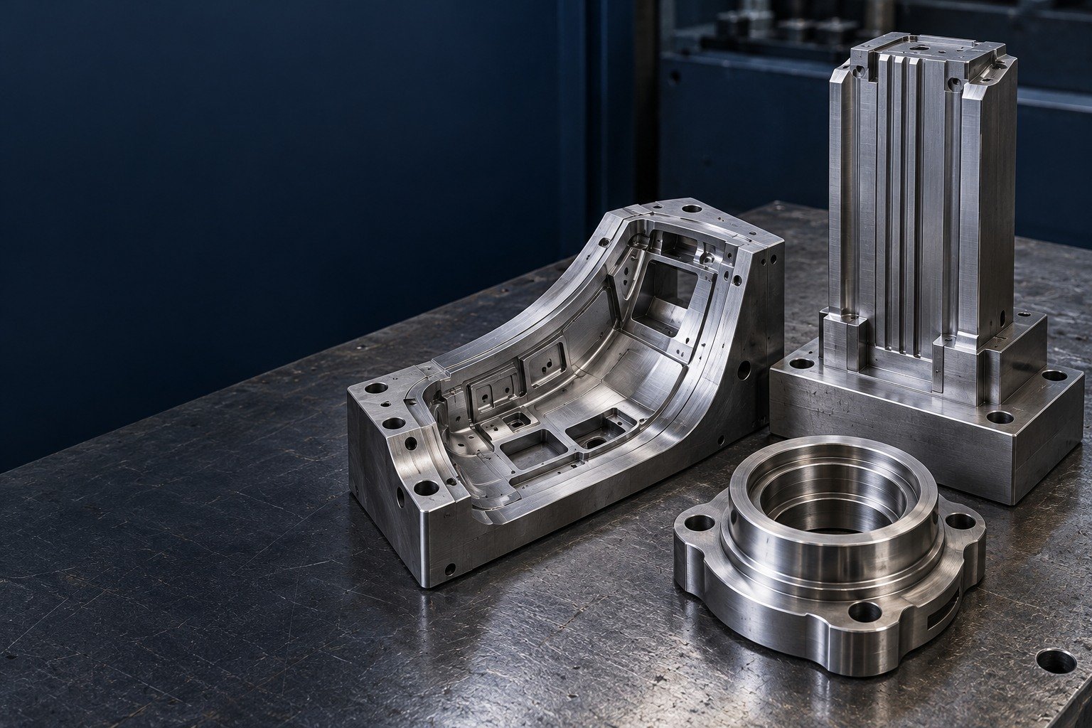 Wide catalog arrangement of plastic-mold tooling concepts on RIGHT half: an asymmetric curved control-panel-shell cavity insert, a tall ribbed rectangular core insert with broad supported base, and a round stepped locating ring with four mounting holes — illustrative generated component concept
