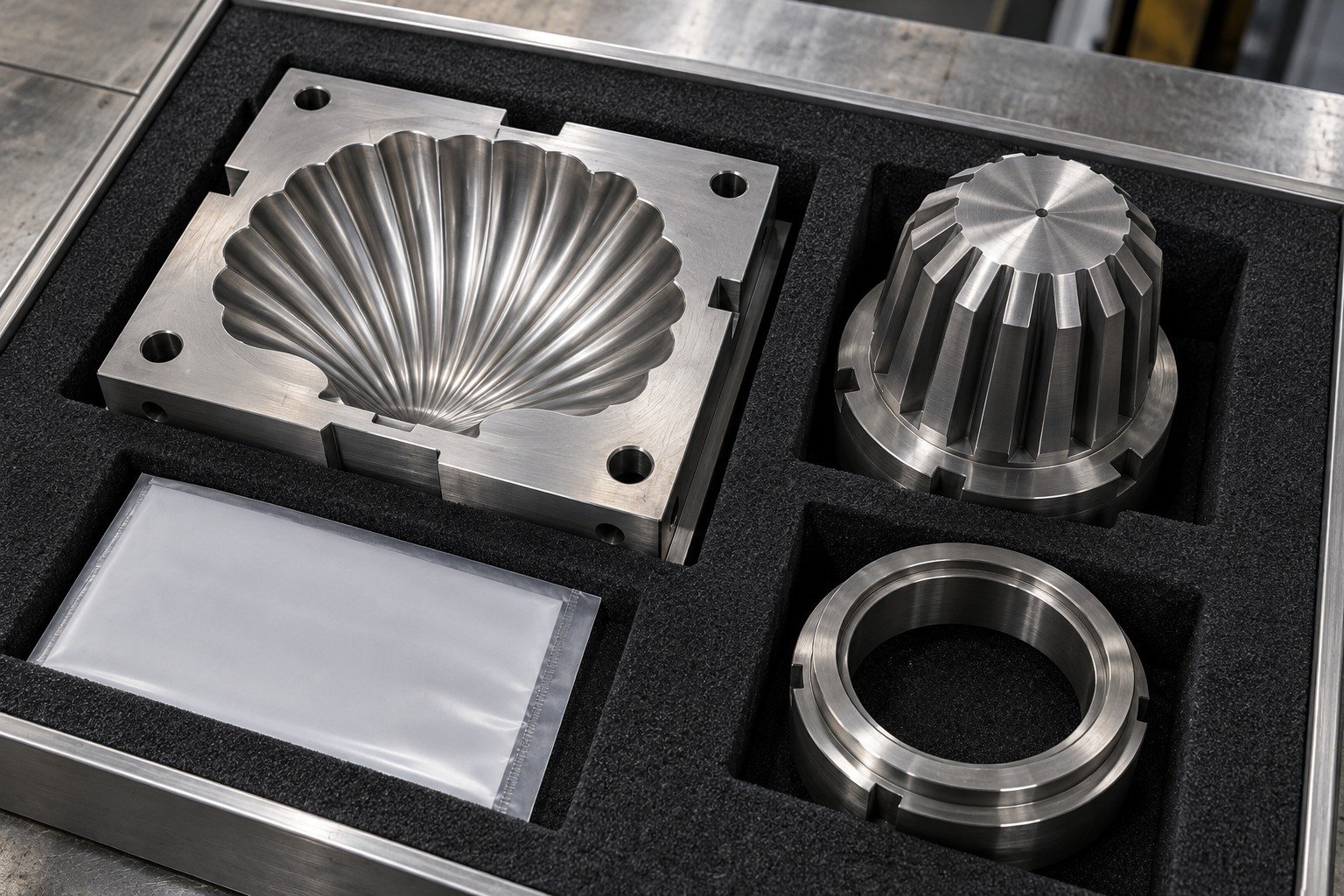 Fitted foam tray containing a scalloped shell cavity insert, a thick ribbed core and a round stepped locating ring in separate protective pockets, blank document sleeve, no logos. — illustrative generated component concept