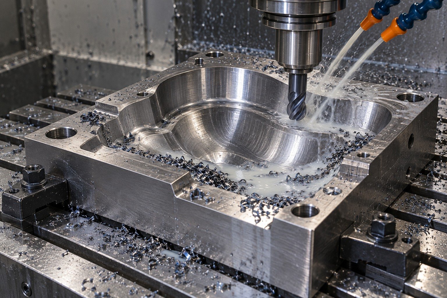 A shallow scalloped plastic-mold cavity insert held with low toe clamps, ball end mill finishing a broad curved surface, localized milky coolant and wet steel chips. — illustrative generated component concept