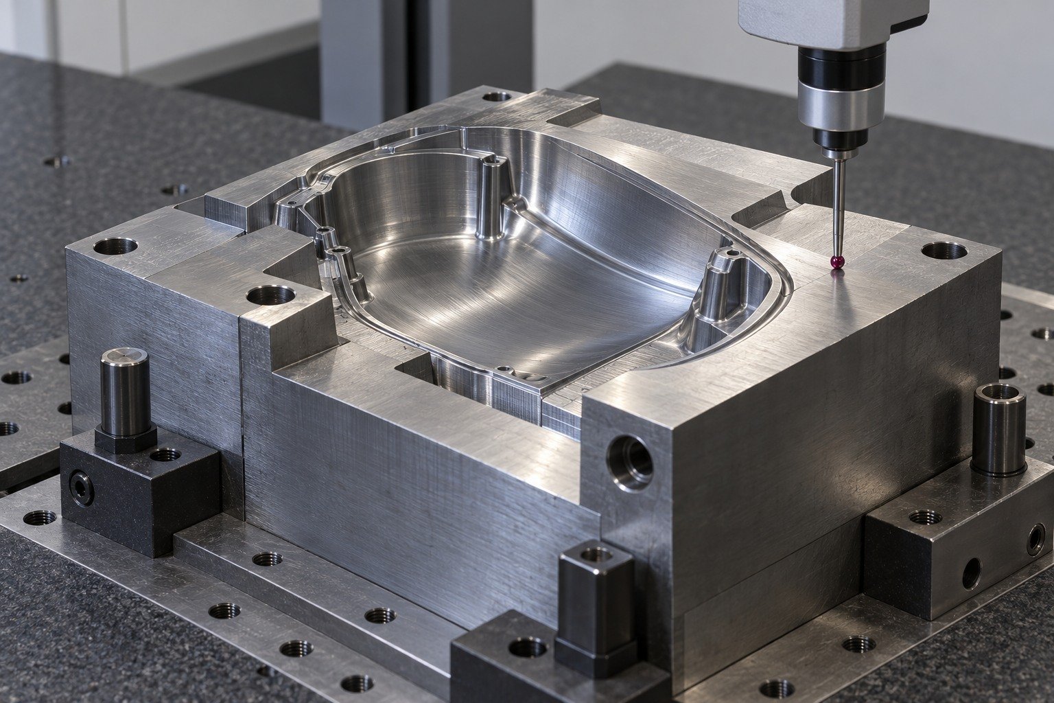 A curved shell mold insert on a stable CMM fixture, ruby stylus physically touching a broad parting reference face near the shallow cavity, no hands or readout. — illustrative generated component concept