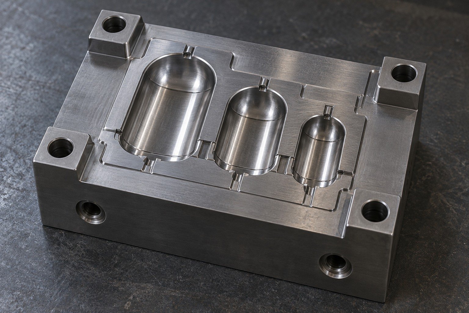 A compact plastic-mold cavity block with three unequal rounded end-cap impressions, four broad corner mounting pads and two side cooling-port bores, no impossible hidden channels. — illustrative generated component concept