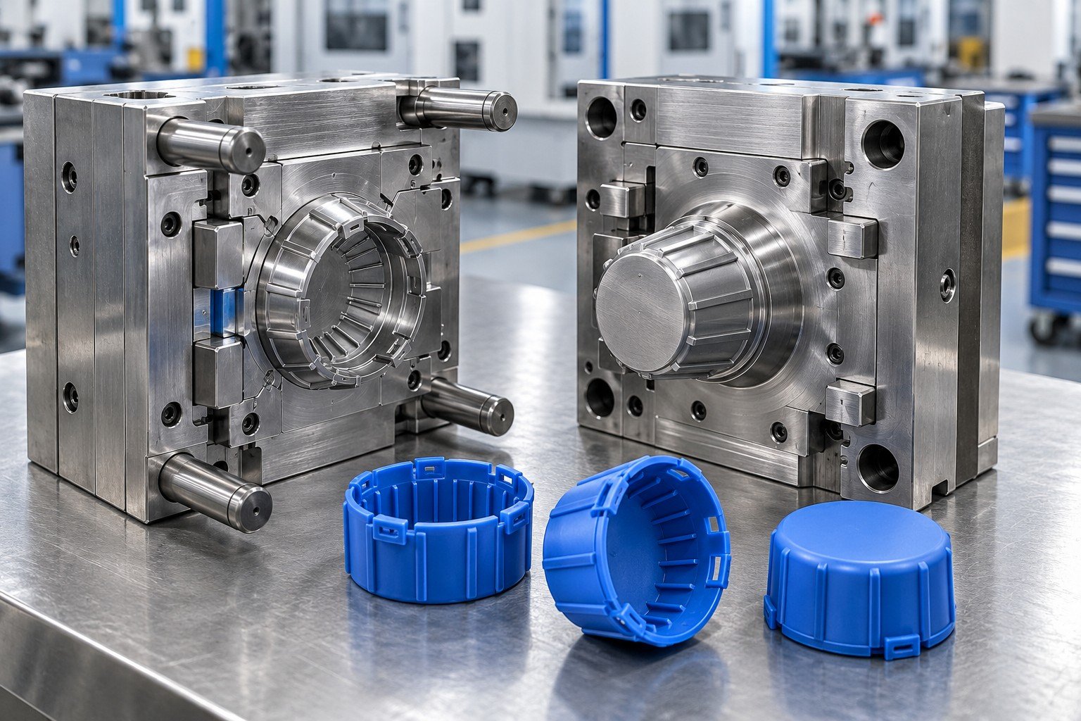 Steel unit injection mold for a ribbed polypropylene industrial protective cap with snap tabs, complete open mold beside three blue plastic caps