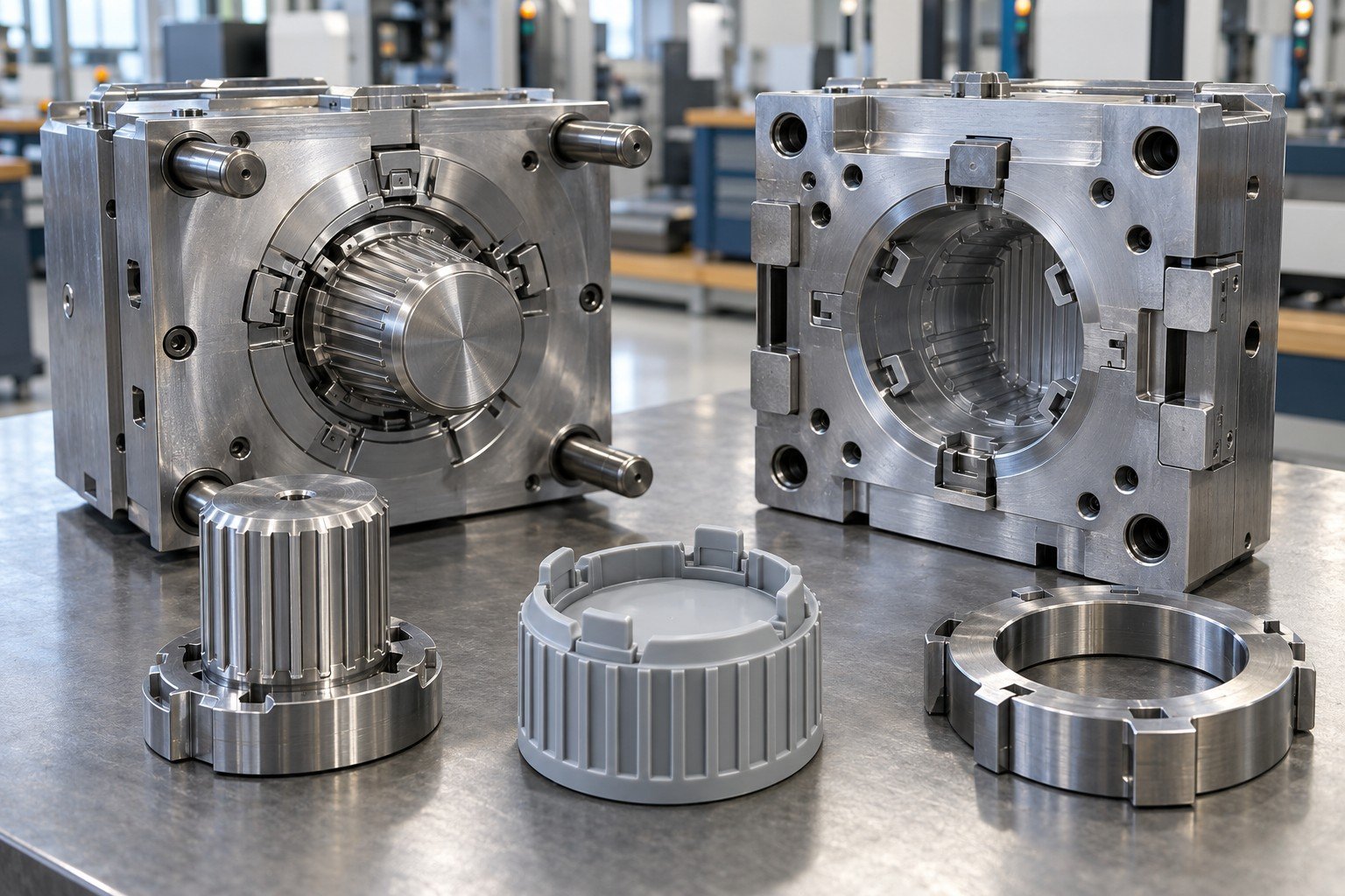 Steel unit injection mold for a ribbed polypropylene industrial protective cap with snap tabs, removable core and cavity unit alongside holder and locating ring