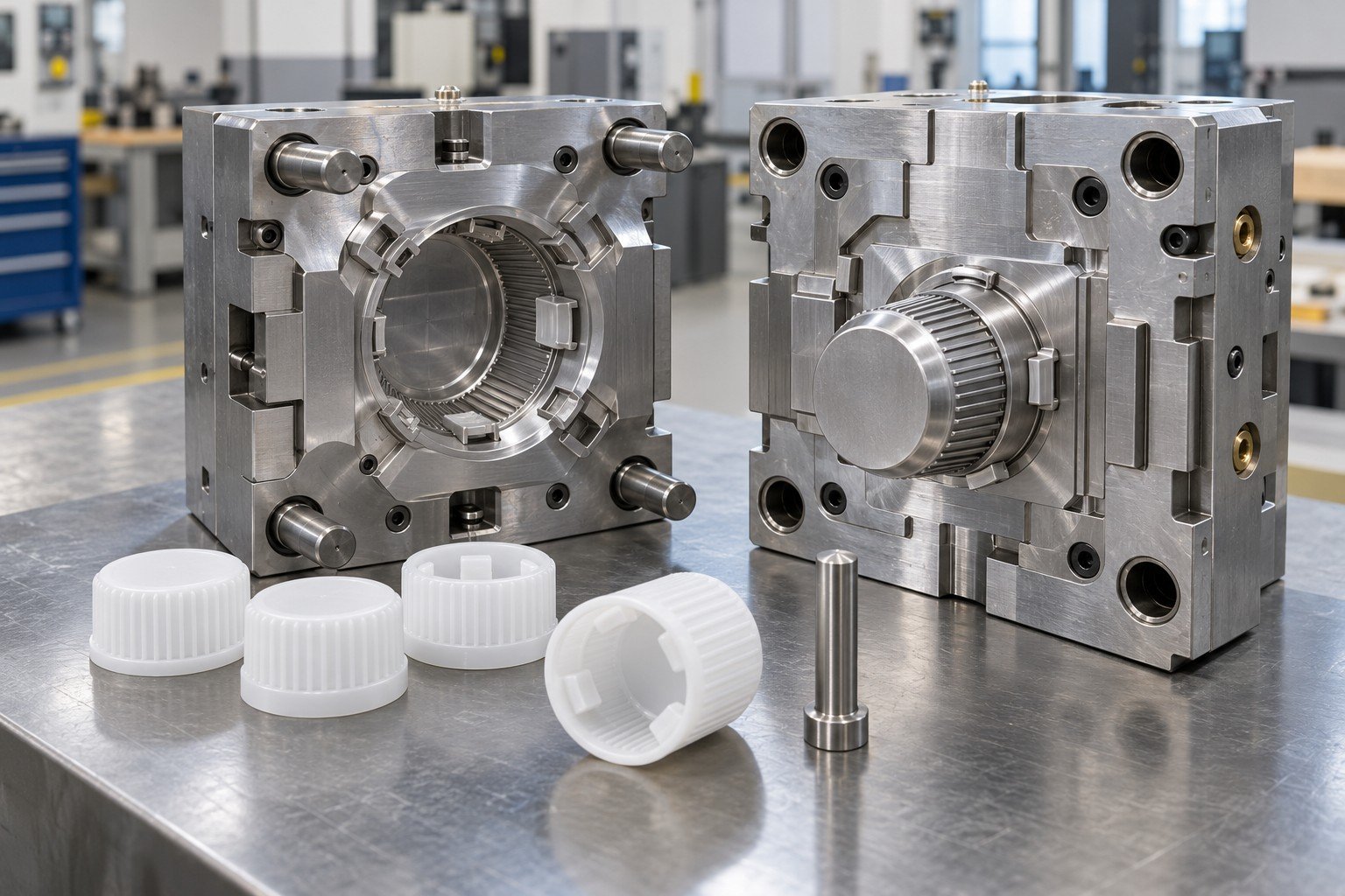 Steel unit injection mold for a ribbed polypropylene industrial protective cap with snap tabs, plastic caps in repeatable locating nest beside inspection pin