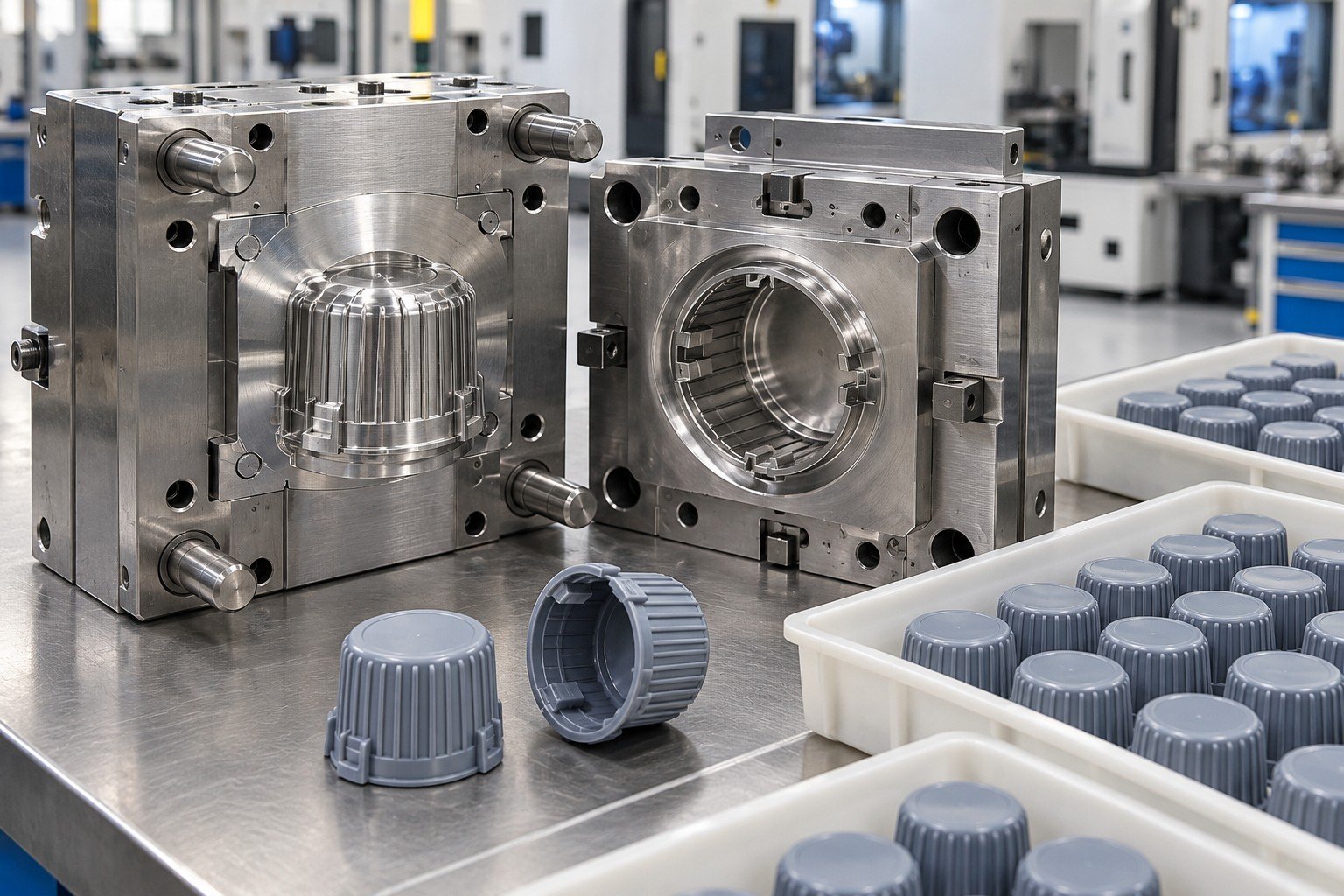 Steel unit injection mold for a ribbed polypropylene industrial protective cap with snap tabs, accepted cap samples separated into orderly interim supply trays