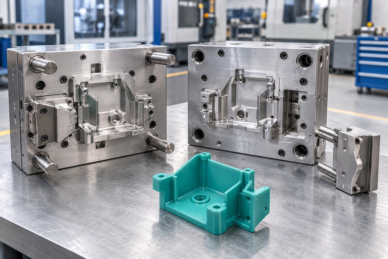 Unit injection mold for a small plastic sensor bracket with removable side feature insert, open mold with matching teal plastic bracket