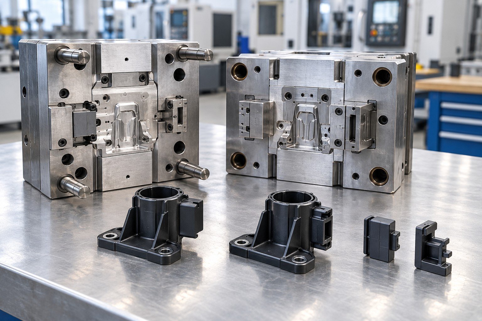 Unit injection mold for a small plastic sensor bracket with removable side feature insert, two alternate side inserts beside bracket variants