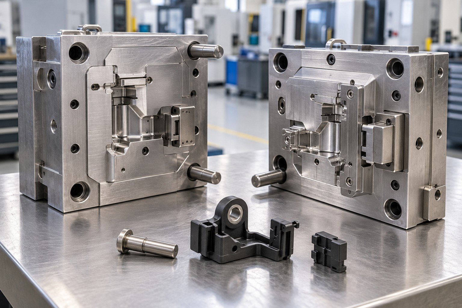 Unit injection mold for a small plastic sensor bracket with removable side feature insert, bracket with mating metal pin on inspection support