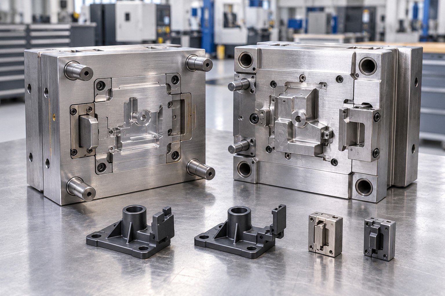 Unit injection mold for a small plastic sensor bracket with removable side feature insert, retained original insert and replacement insert beside two bracket versions