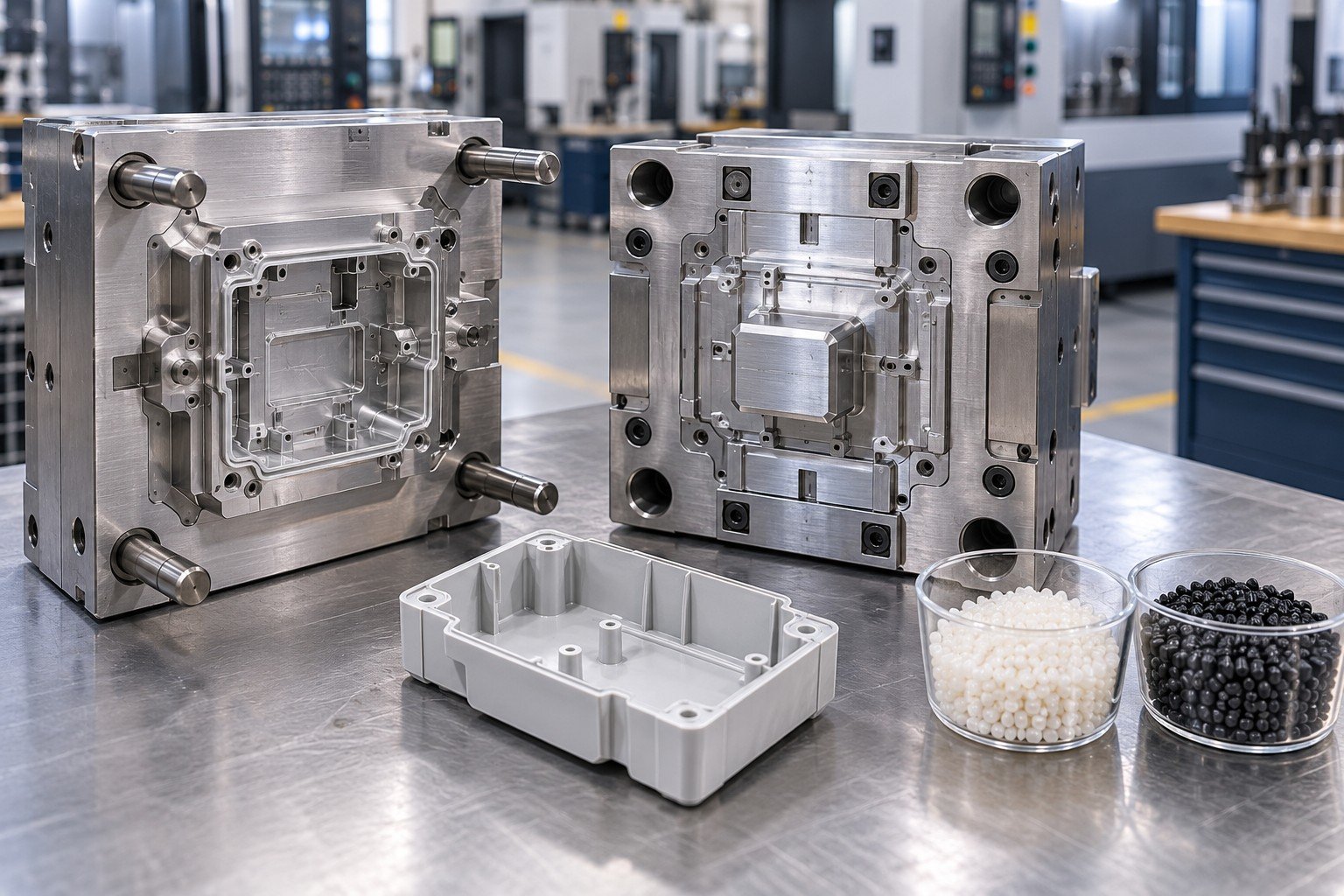 Aluminum mold inserts and separate ABS and nylon resin pellet cups