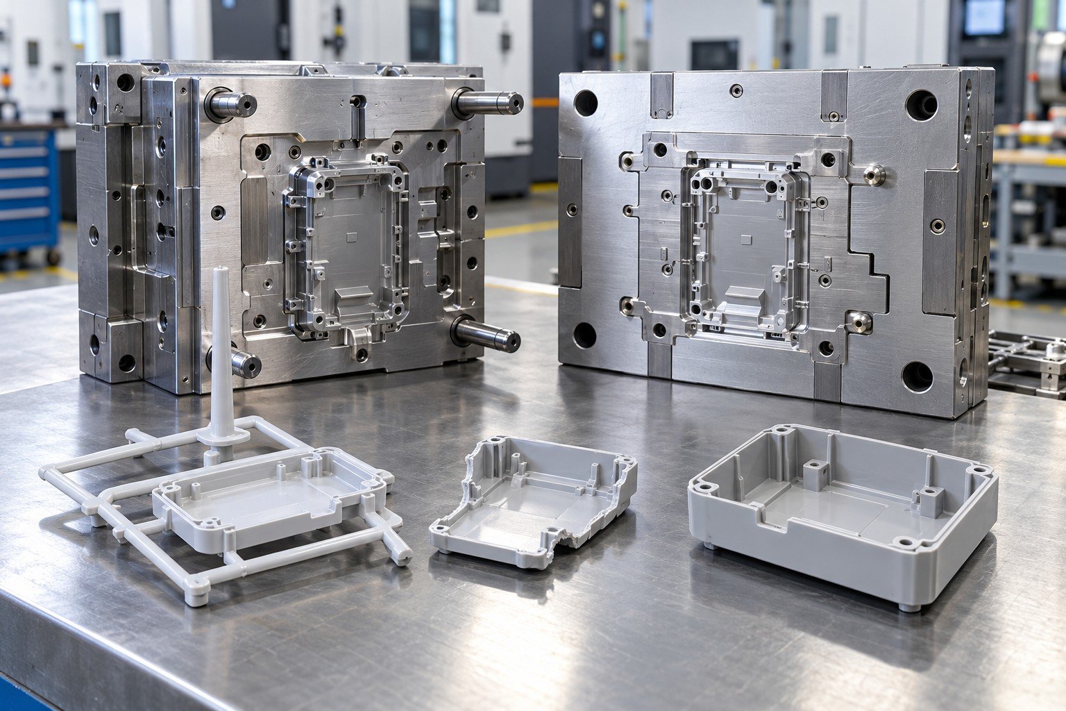 First trial plastic housing with runner, short-shot sample and complete sample clearly separated