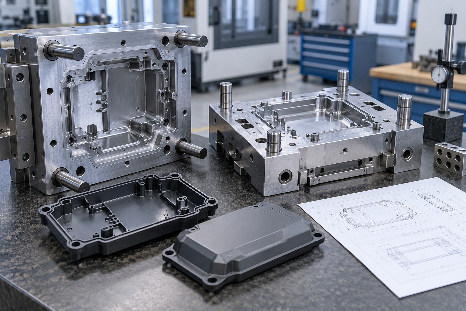 Molded cover on checking nest with mating part and blank inspection sheet