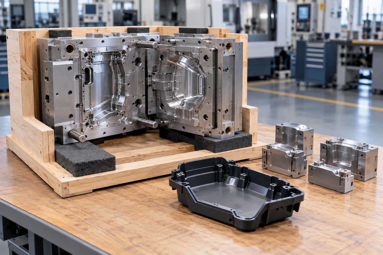 Prototype mold protected in shipping cradle with spare inserts and matching approved sample