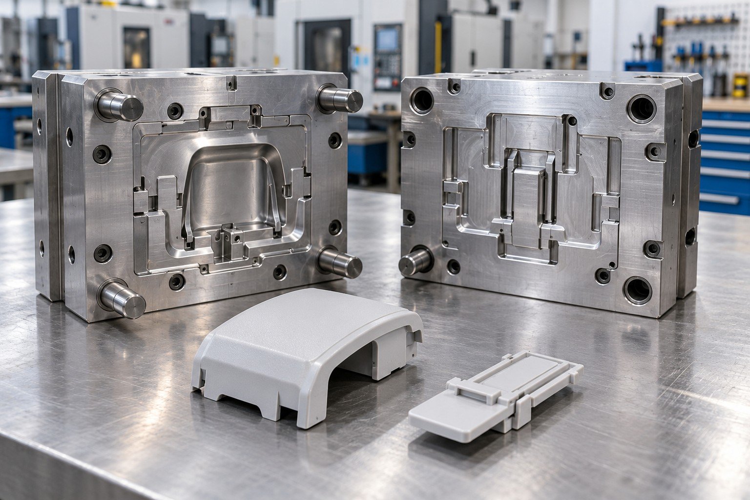 Prototype mold for a light gray polymer latch cover with sliding mating tongue, mold cavity beside cover and mating tongue