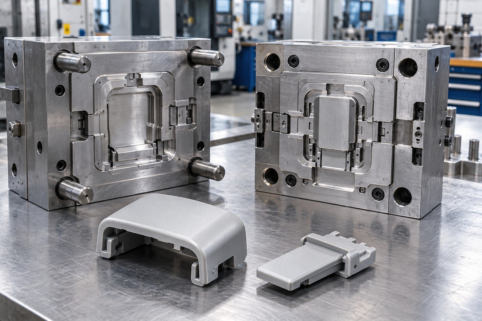 Prototype mold for a light gray polymer latch cover with sliding mating tongue, separated cover and tongue showing clearance interfaces