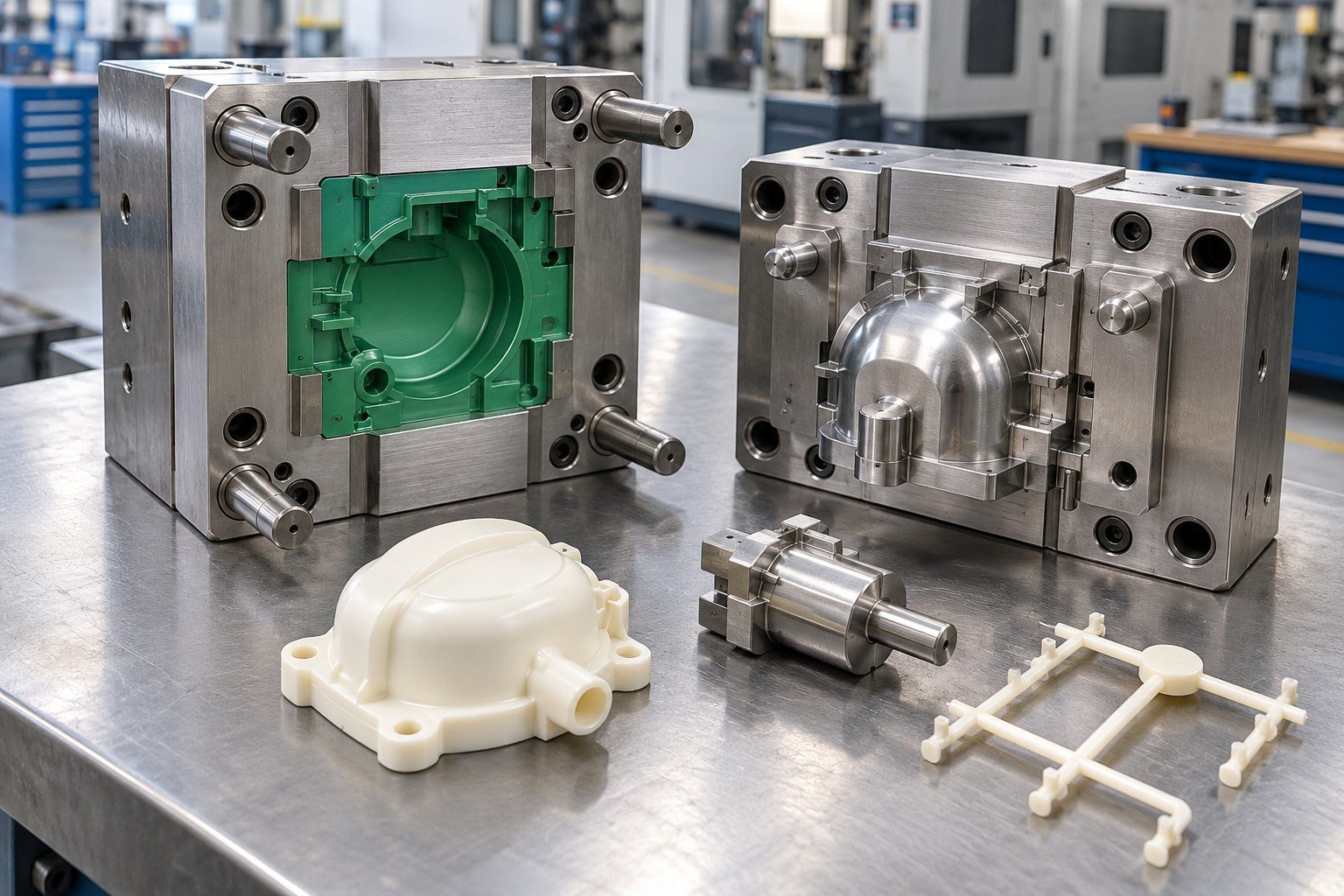 Illustrative bridge injection mold with curved plastic sensor cover, removable cavity insert and steel core