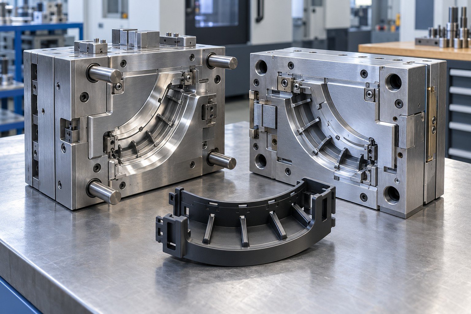 Compact steel prototype injection mold for a curved polymer cable guide, complete mold and molded guide on clean bench