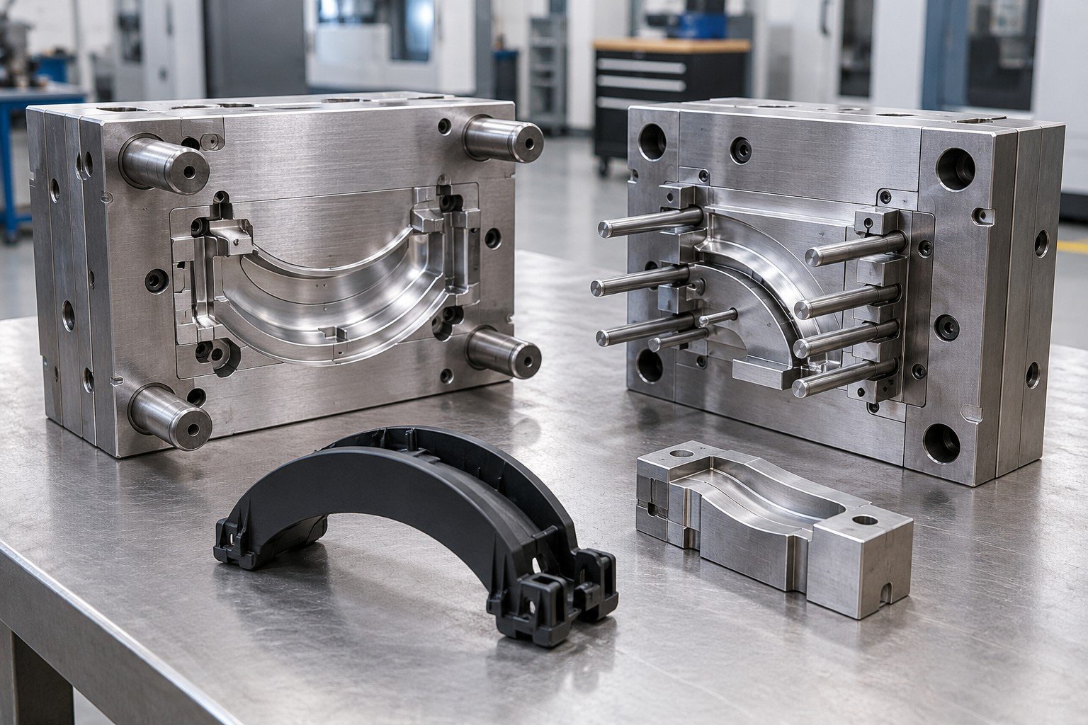 Compact steel prototype injection mold for a curved polymer cable guide, mold half with neatly arranged ejector pins and spare insert