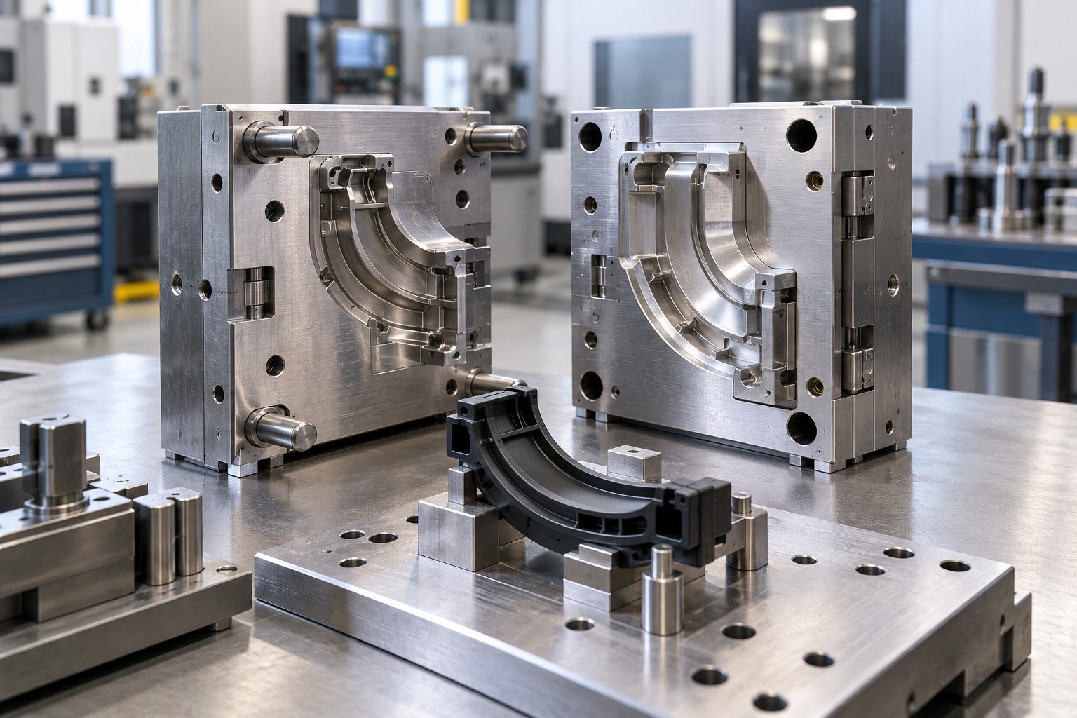 Compact steel prototype injection mold for a curved polymer cable guide, mold guide on dimensional checking fixture without readable data
