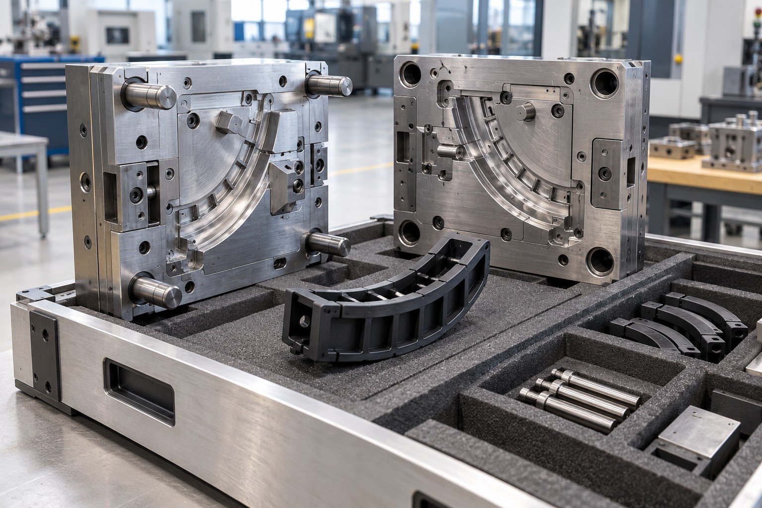 Compact steel prototype injection mold for a curved polymer cable guide, preserved mold halves in fitted shipping cradle with spare tray
