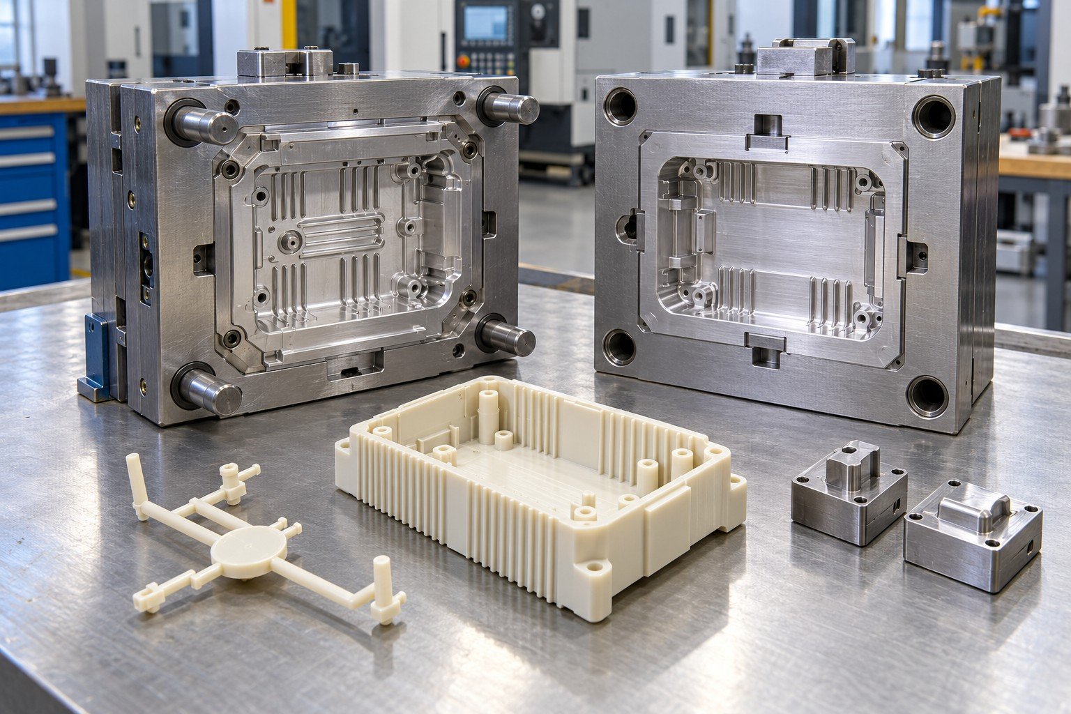 Open single-cavity prototype injection mold with silver aluminum cavity insert and matching ribbed ivory plastic electronics housing, runner sprue and two interchangeable small feature inserts on clean bench