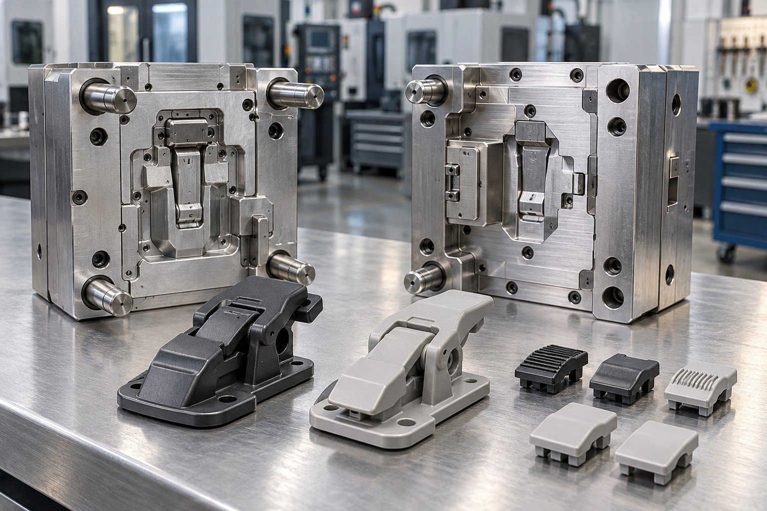 Two polymer latch design variants and separate replaceable feature inserts