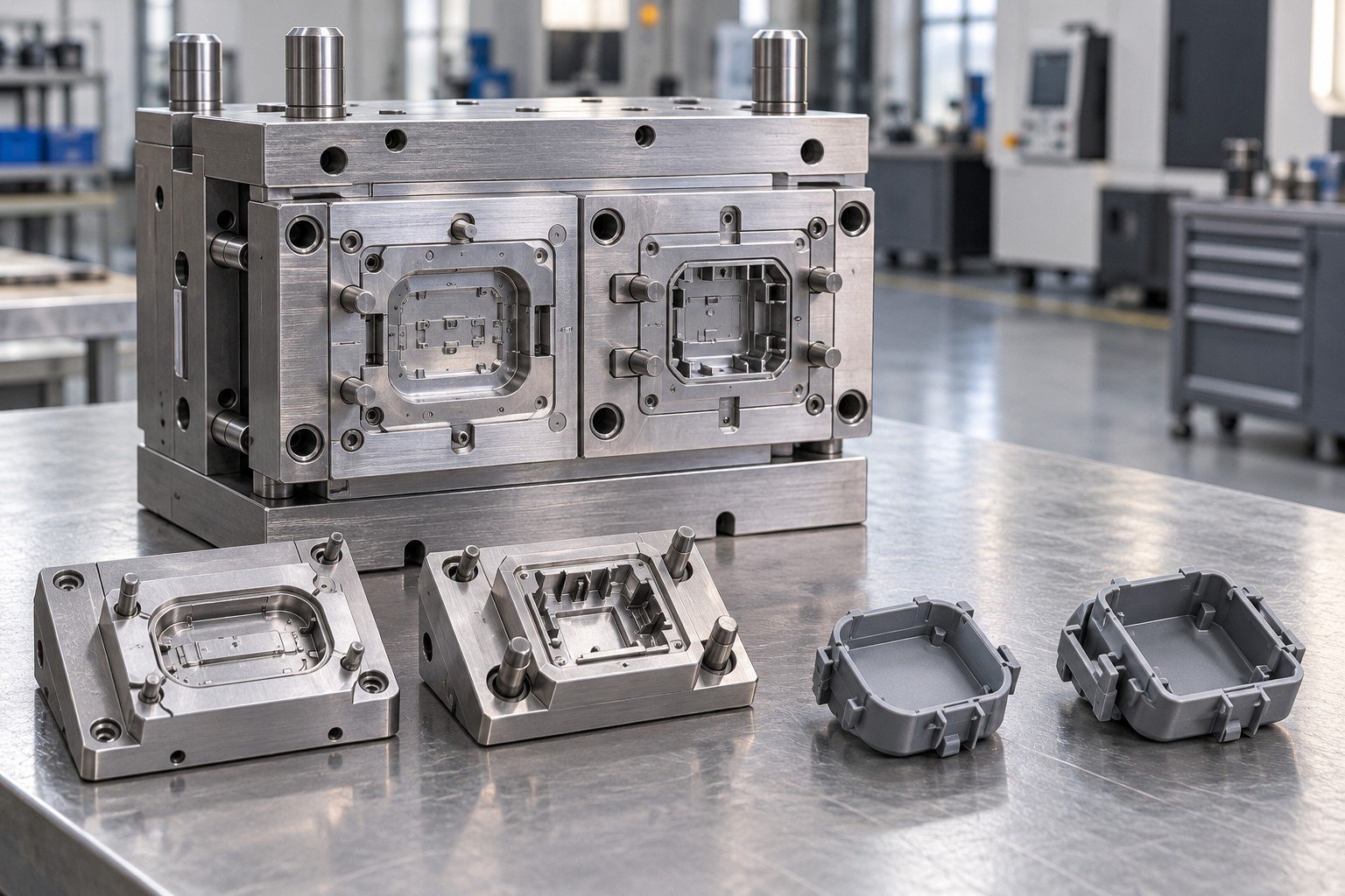Compact modular mold holder with interchangeable inserts for a plastic connector cover, holder with two distinct cavity inserts and corresponding covers