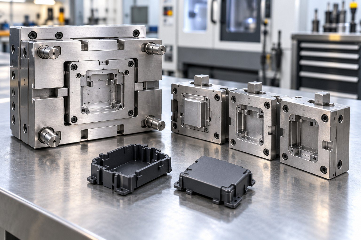 Compact modular mold holder with interchangeable inserts for a plastic connector cover, clearly separate keyed insert blocks with locating shoulders and fasteners