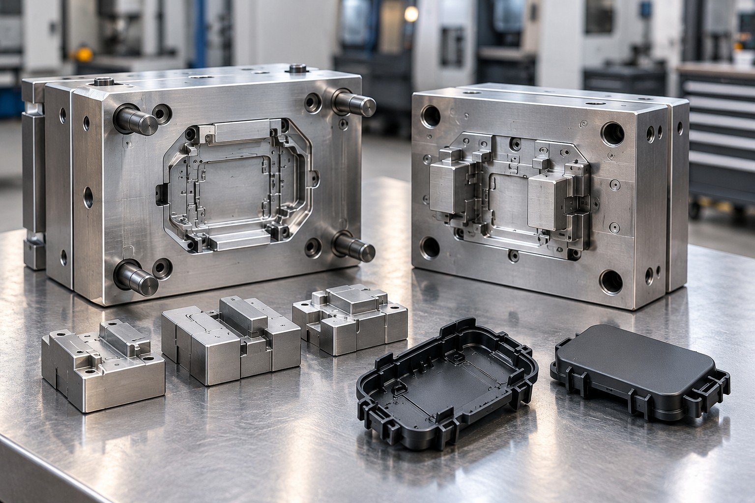 Compact modular mold holder with interchangeable inserts for a plastic connector cover, insert seating faces and matching molded cover underside
