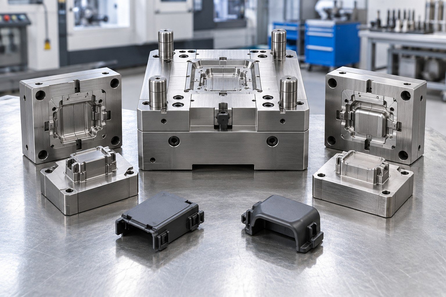 Compact modular mold holder with interchangeable inserts for a plastic connector cover, two design variant covers with their distinct insert blocks