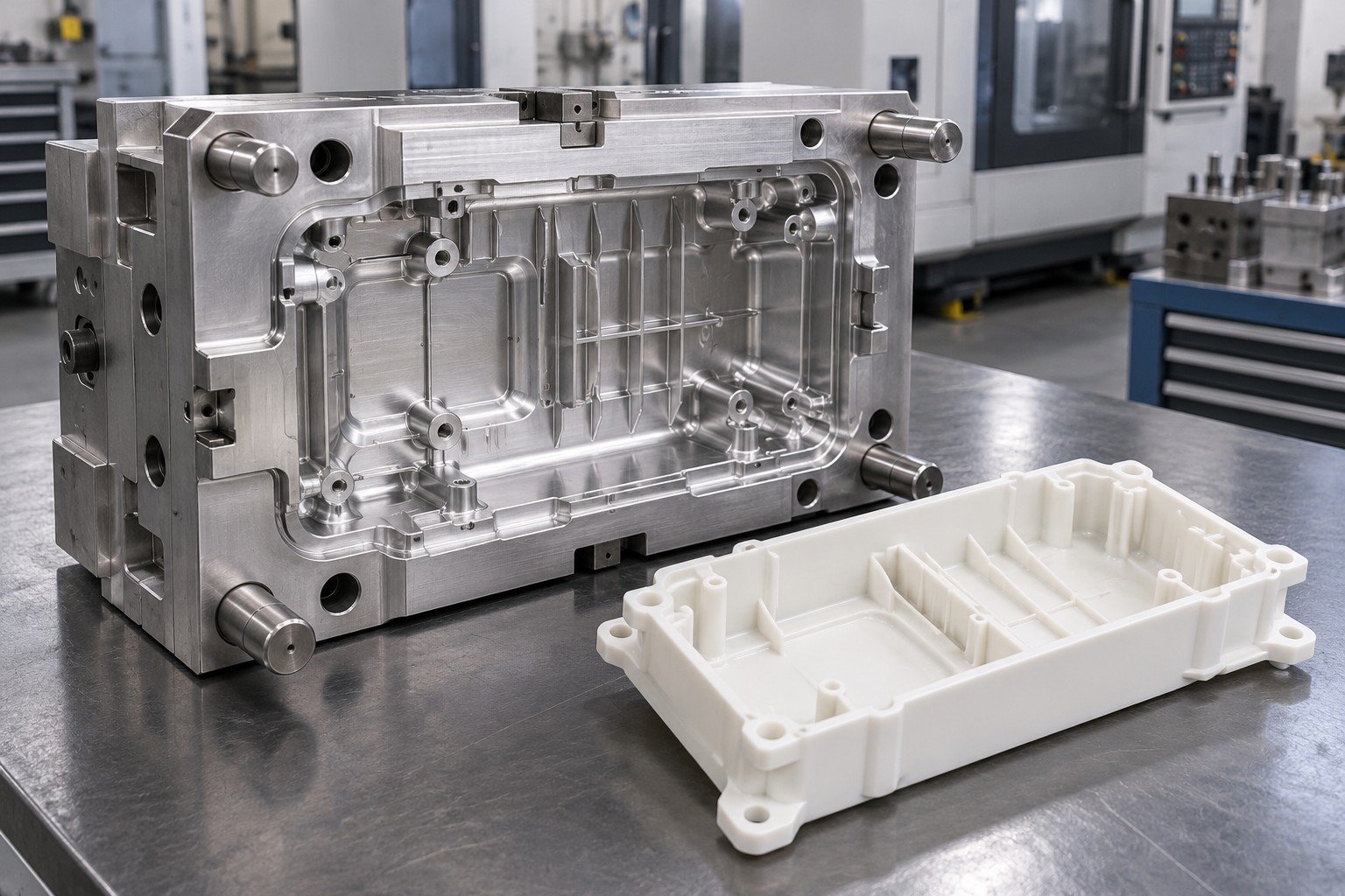 Machined aluminum prototype cavity and ribbed white plastic cover