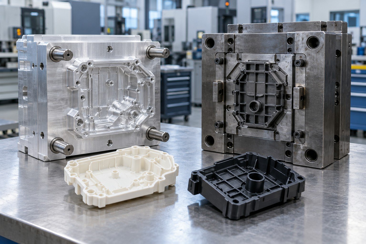 Aluminum versus steel cavity blocks of visibly different geometry with separate plastic samples
