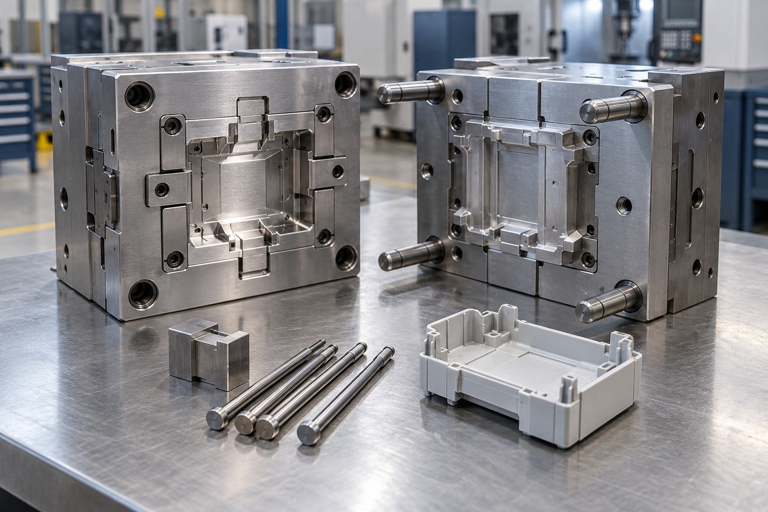 Wear-prone removable gate insert and spare ejector pins beside compact prototype mold