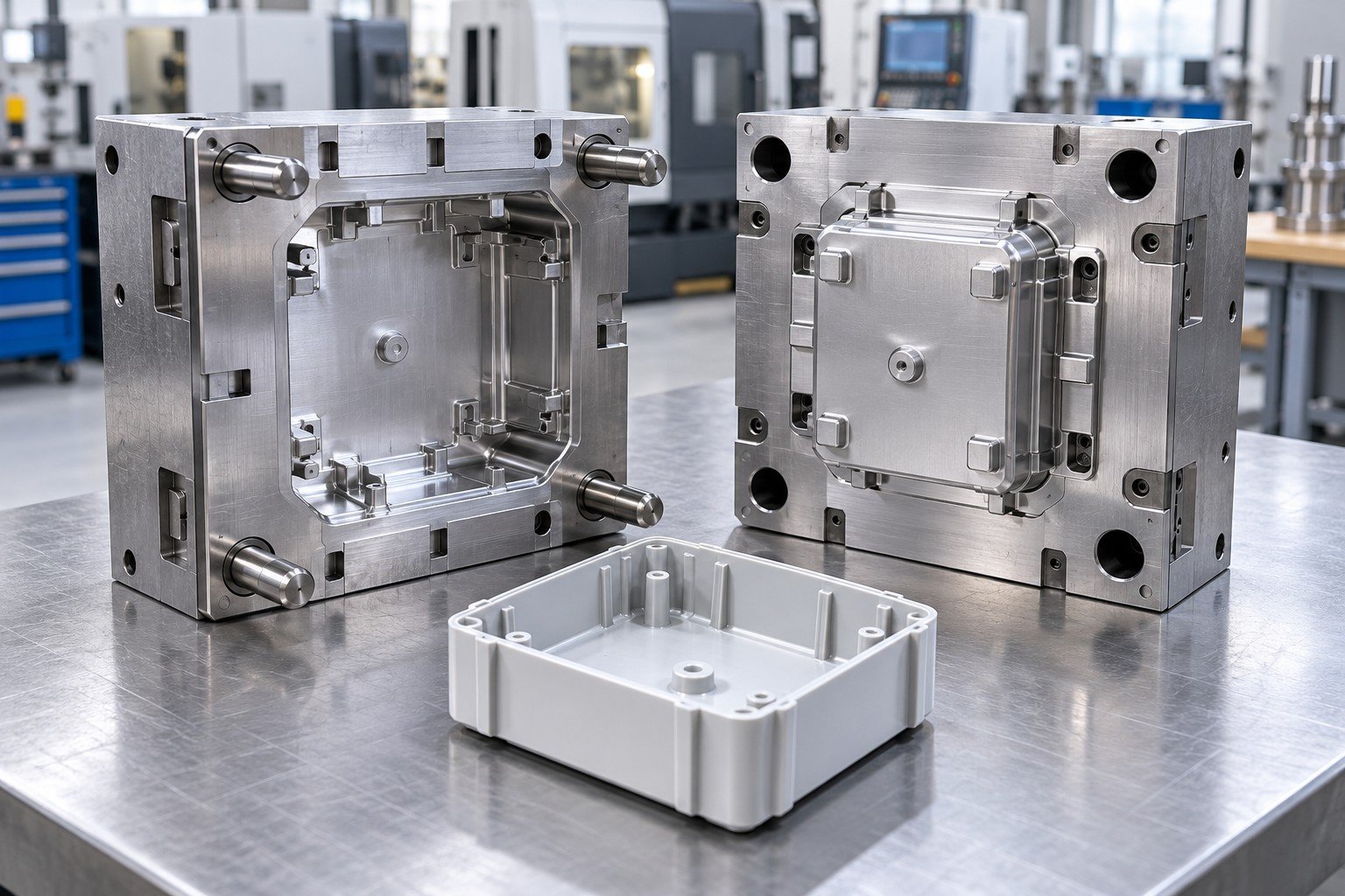 Compact prototype mold design components arranged as cavity, core and matching plastic sample