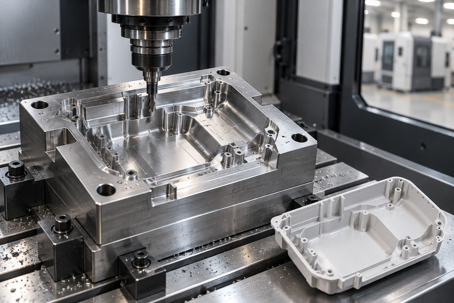 Single cavity insert being machined in clean unoccupied CNC machine, no people