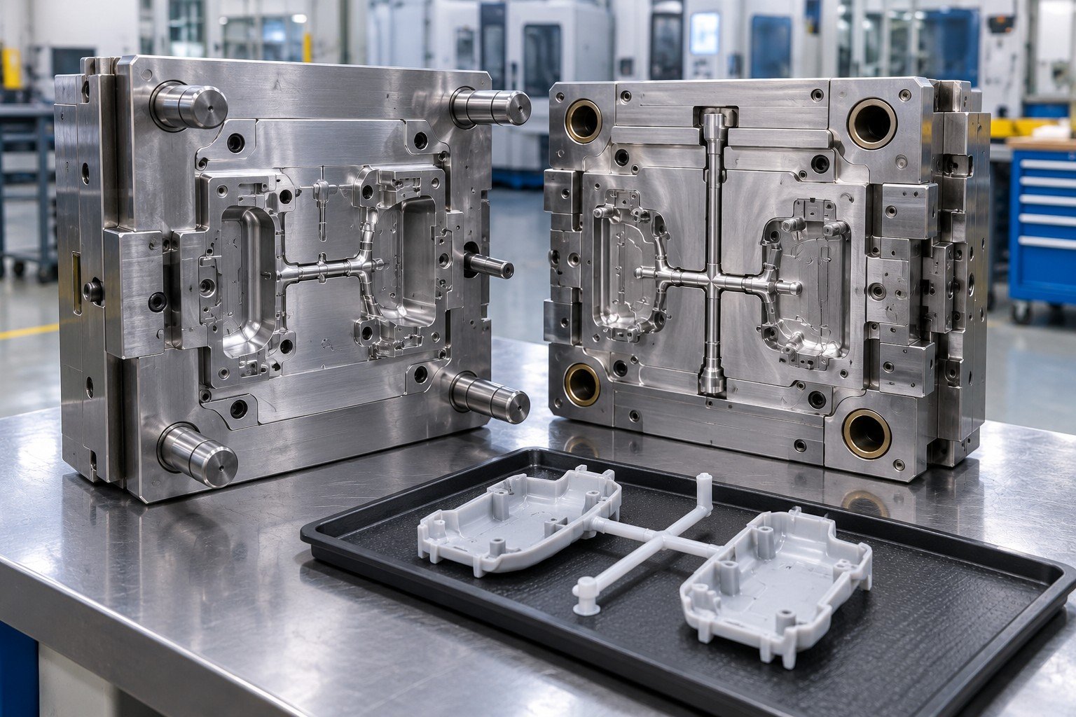 Open injection mold with runner and initial molded polymer samples on tray