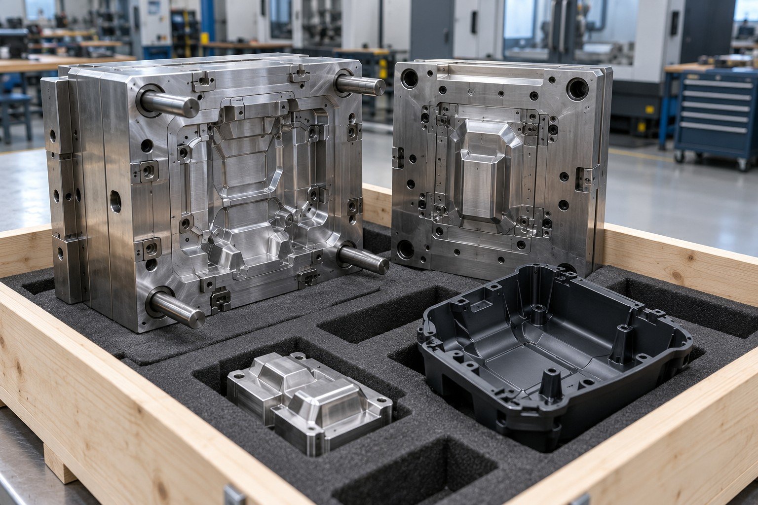 Preserved unit mold with spare insert and finished plastic sample in fitted crate