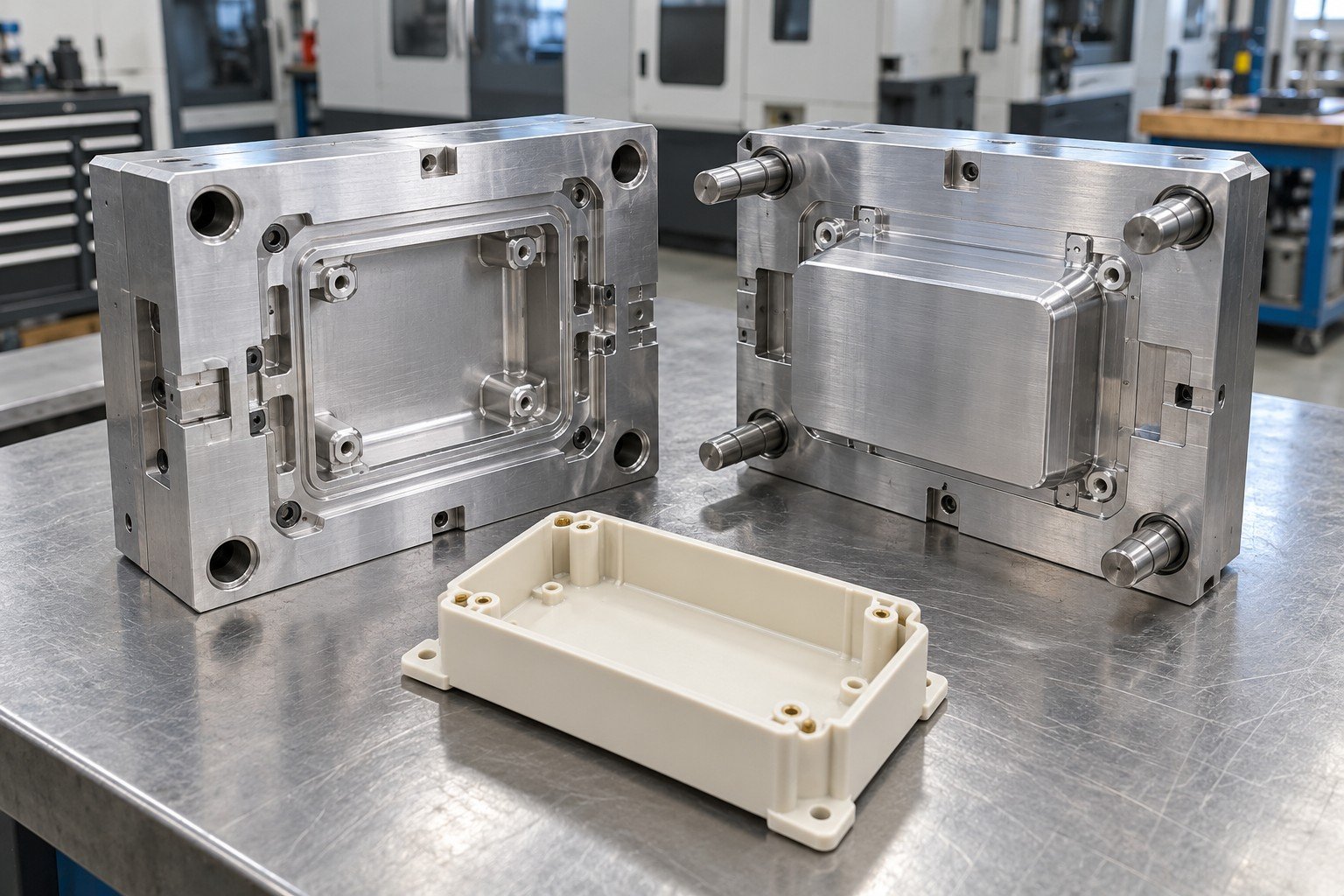 Single cavity aluminum prototype injection mold for a compact rectangular ABS instrument housing with mounting bosses, open matched cavity and core beside one ivory molded housing