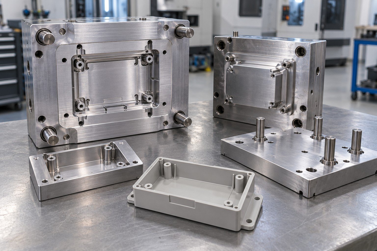 Single cavity aluminum prototype injection mold for a compact rectangular ABS instrument housing with mounting bosses, separate cavity insert, holder and ejector plate arranged neatly