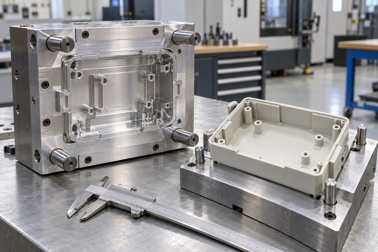 Single cavity aluminum prototype injection mold for a compact rectangular ABS instrument housing with mounting bosses, molded housing on locating fixture with mechanical caliper, no reading