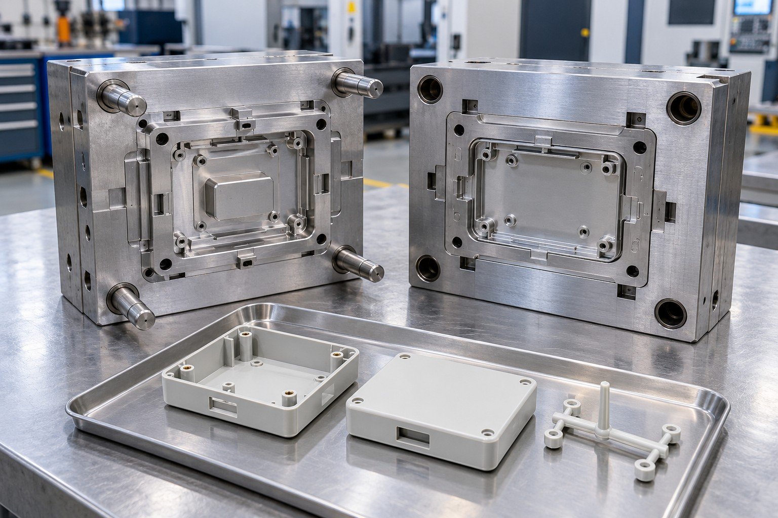 Single cavity aluminum prototype injection mold for a compact rectangular ABS instrument housing with mounting bosses, matched trial housings with separate runner on clean sample tray