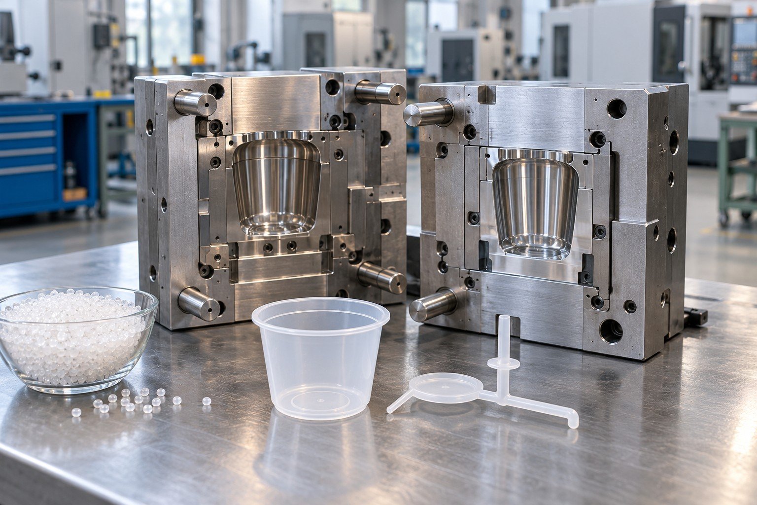 Resin pellet cup and first trial sample with runner beside open mold