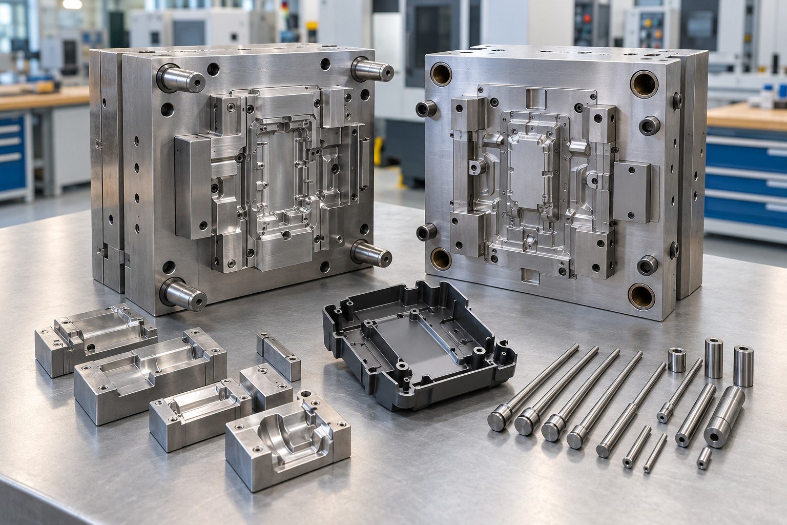 Mold handover kit with cavity inserts, ejector spares and matched polymer sample